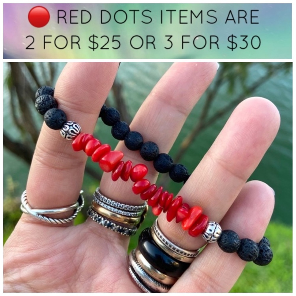 🔴Coral bead bracelet Genuine red coral & black lava rock boho gemstone bracelet